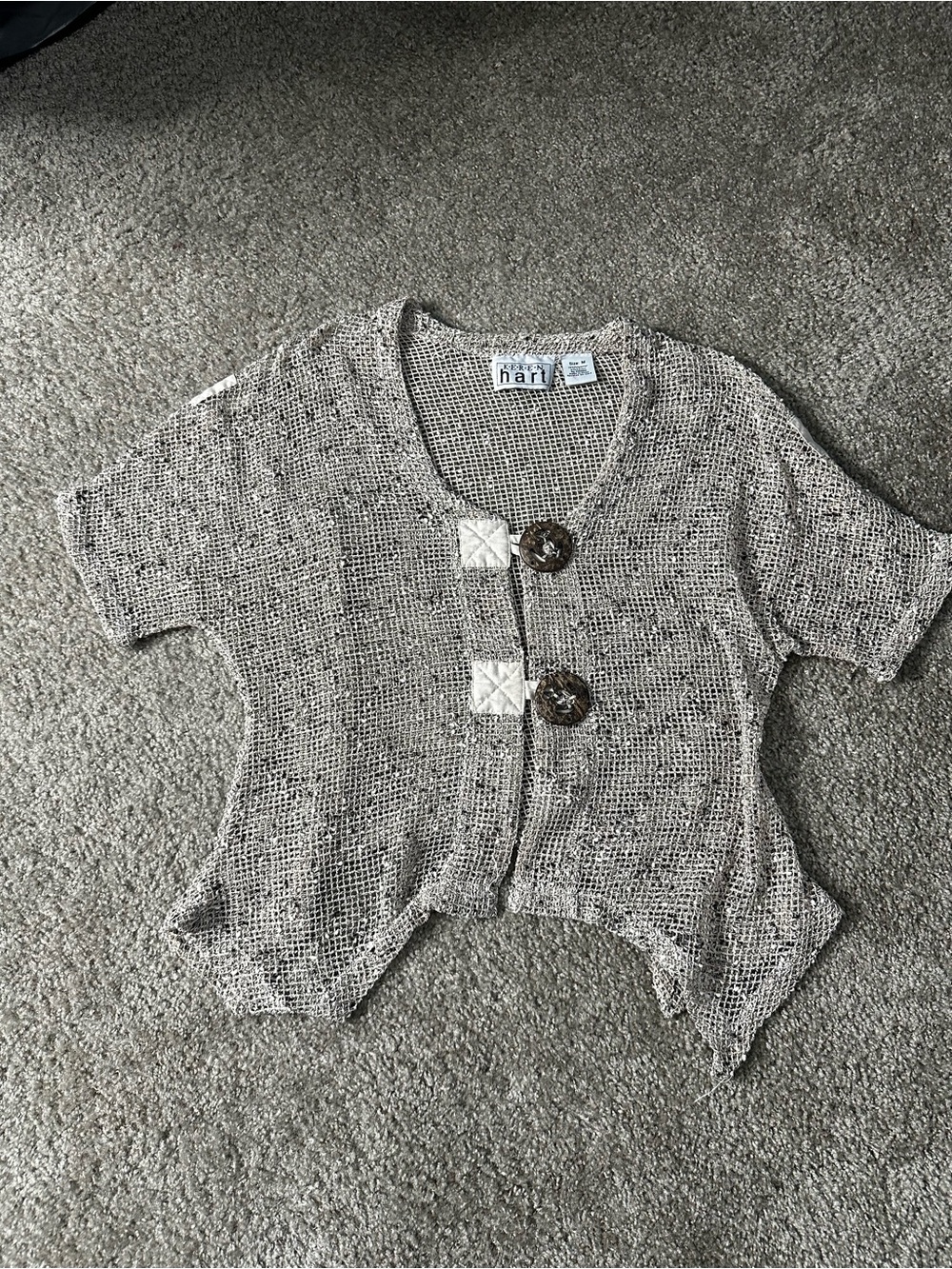 KEREN hart Beige Open-Weave Short Sleeve Cardigan with Decorative Buttons